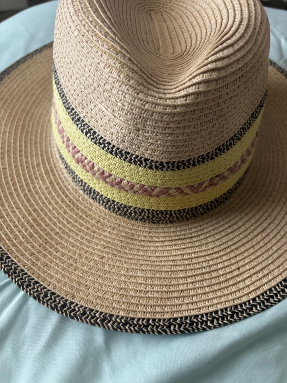 Straw Studios Natural Straw Sun Hat with Yellow, Pink & Black Trim
